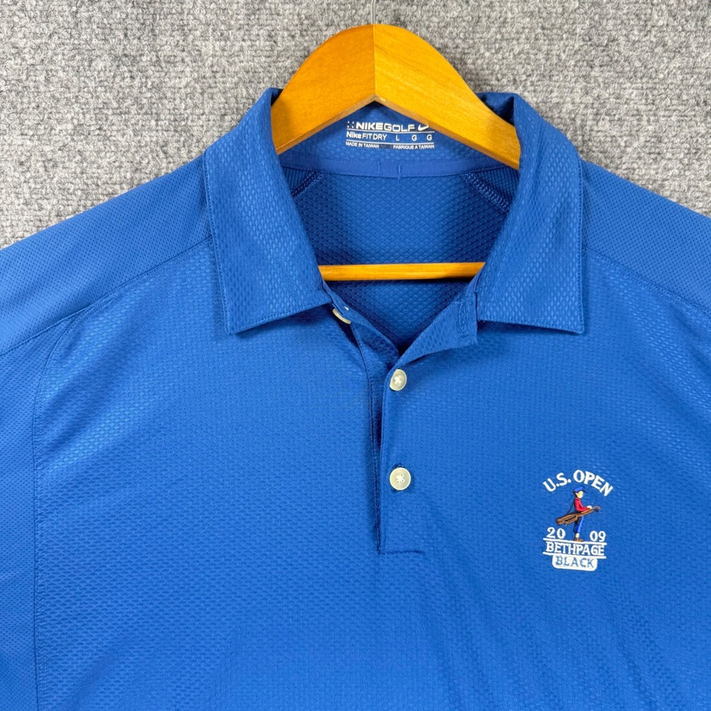 Nike Golf 2009 US Open Bethpage Black Polo Shirt Mens Large Blue Dri-FIT Poly